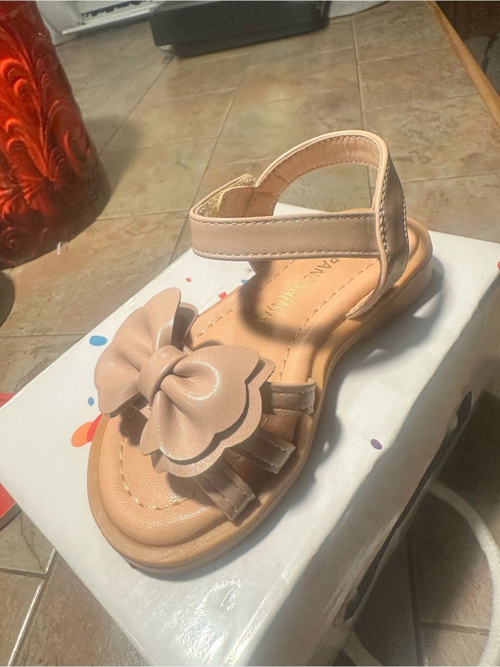 Girls' Tan Bow Accent Sandals with Hook-and-Loop Strap